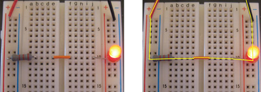 A neater way to build your circuit. The yellow line shows the path through which current flows to a