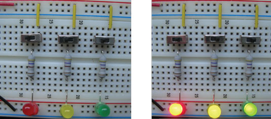 With all three switches off, none of the LEDs receives current (left). With all three switches on, 