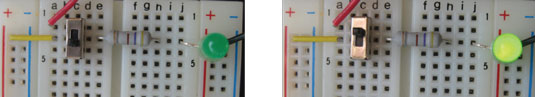 A green LED indicates whether the breadboard is powered up or not.