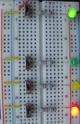 The green LED in the top right signals that voltage is applied to the power rails and the three-LED