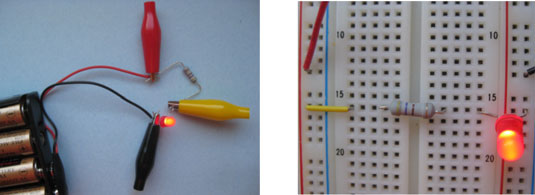 Two ways to set up the resistor-LED circuit.