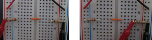 Measure the total voltage supplied by the battery (left) and the voltage across the resistor (right