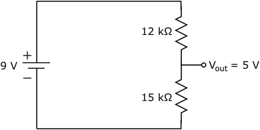 This voltage divider circuit reduces the 9-volt supply to 5 volts at <i>V</i><i><sub>out</sub></i>.