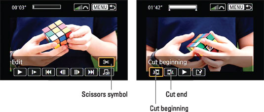 From the playback screen, select the scissors icon to get to the movie‐editing functions. [Cr