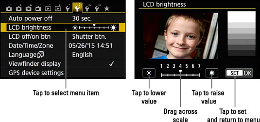 Tap the LCD Brightness item (left) and then drag left or right across a scale to adjust the setting