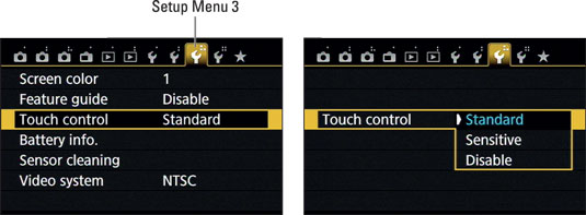 Control the touch screen response through this menu item.