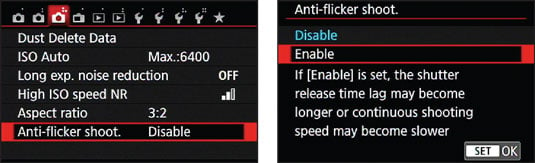 Enable Anti‐Flicker Shooting for more consistent exposures when battling the effects of flick