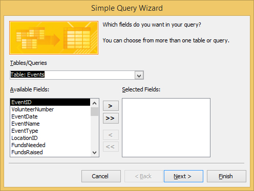 The Simple Query Wizard window in Access 2016.