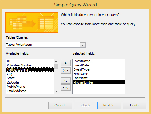 Clicking next in the Access 2016's Simple Query Wizard.