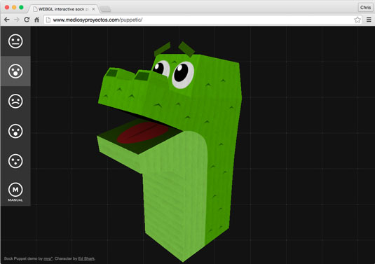 Interactive Sock Puppet lets you control a JavaScript dinosaur sock puppet.