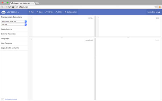 JSFiddle's clean and compartmentalized user interface.