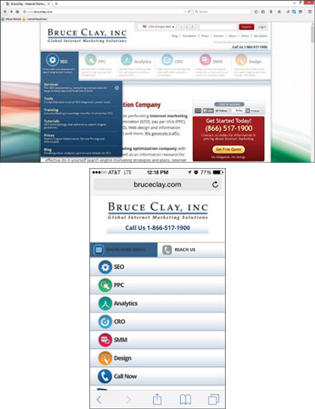 Bruce Clay, Inc. simplifies its desktop navigation (top) significantly to improve mobile user exper