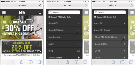 REI uses visual menu indicators to guide users through its multitiered navigation.