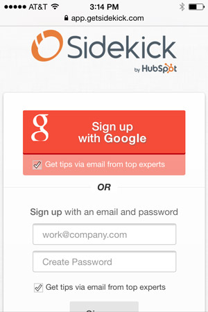 Because HubSpot Sidekick has optional third-party authentication, first-time mobile users can skip 