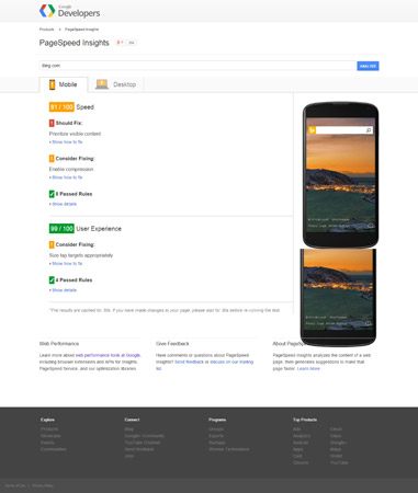 The Google PageSpeed Insights tool rates Bing.com 81 on a 100-point Speed scale.