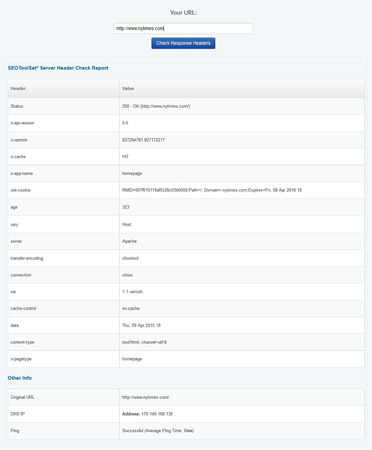 The Check Server report identifies the server status code for a web page.