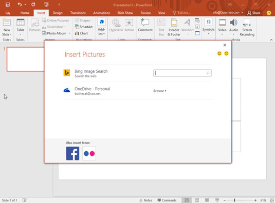 The Insert Pictures dialog box lets you search for images using Bing.
