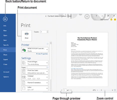 parallel Tog diktator How to Print Your Entire Document in Word 2016 - dummies