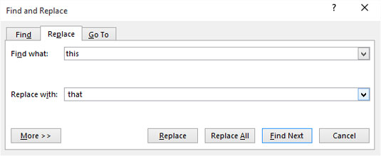 The Replace tab in the Find and Replace dialog box.