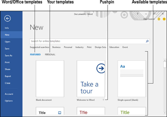 Choosing a template from the New screen.