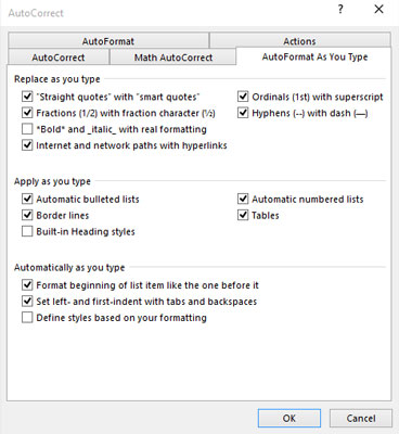 AutoFormat As You Type settings.