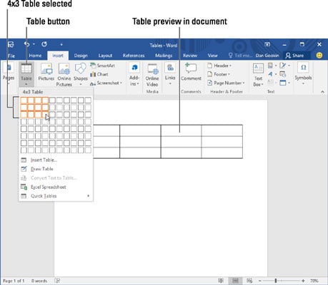 Creating a four-by-three table.