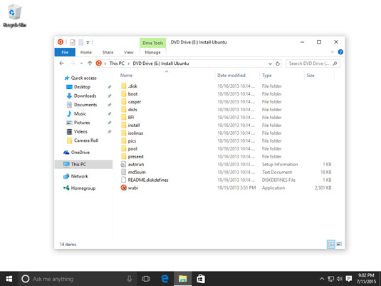 The contents of an ISO file that is mounted in File Explorer.