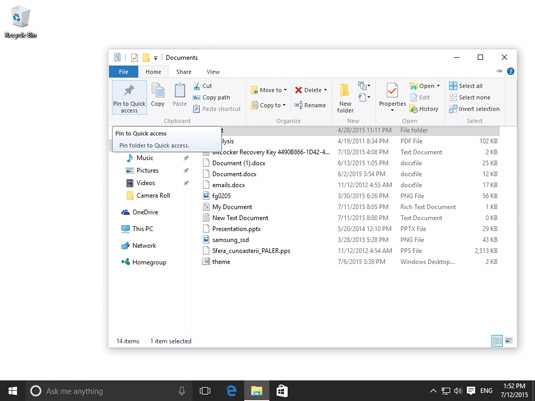 The Pin to Quick Access button in File Explorer.