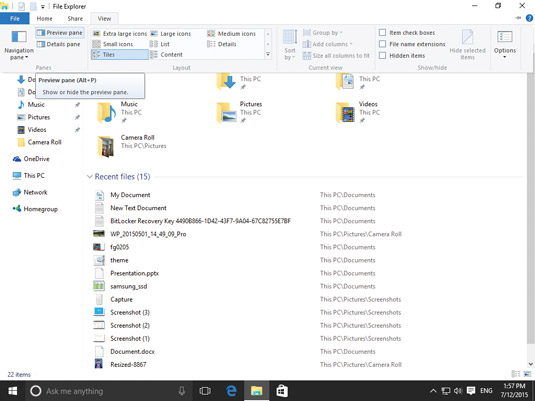 Enabling the Preview pane in File Explorer.