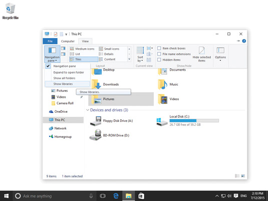 Enabling the Libraries section in File Explorer.