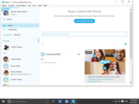 The Skype app window.