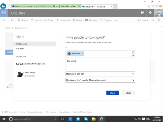 Sharing files on the OneDrive.com website.