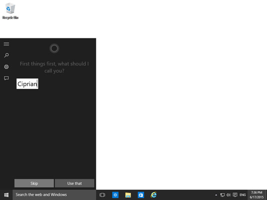 Entering your name when setting up Cortana.