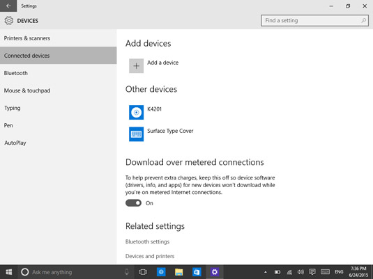 A list with connected devices in Windows 10.