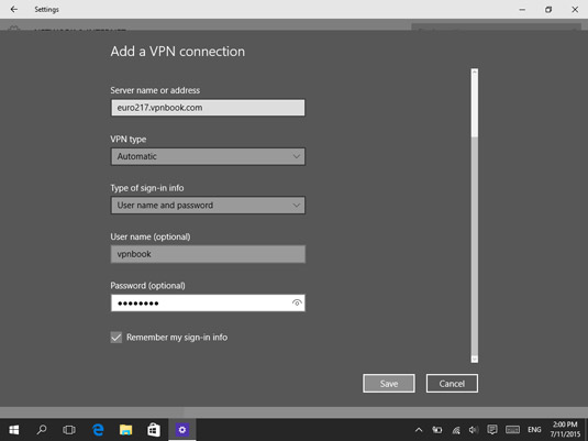 Entering the VPN connection details.