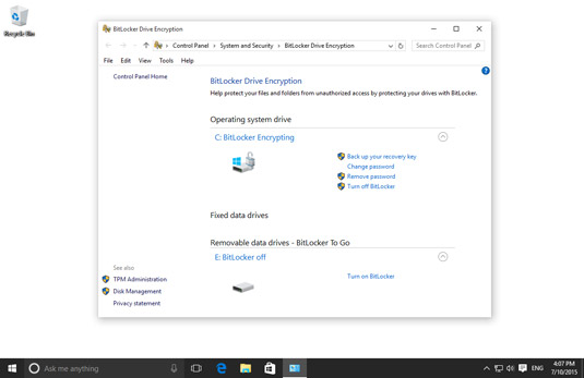 Turning on BitLocker for a removable drive.