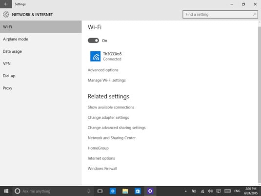 Accessing advanced sharing settings in Windows 10.