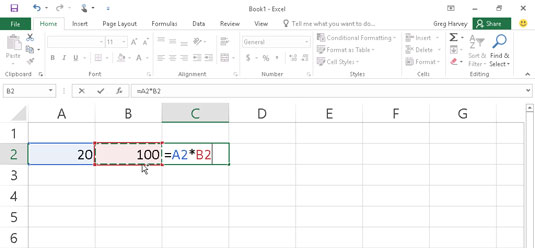 To complete the second part of the formula, type * and select cell B2.