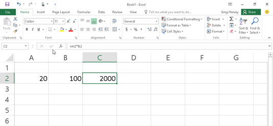 Click the Enter button, and Excel displays the answer in cell C2 while the formula appears in the F