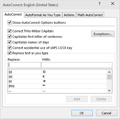 Use the Replace and With options in the AutoCorrect dialog box to add all typos and abbreviations y