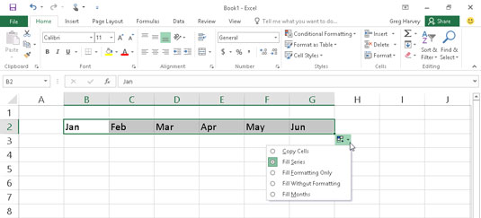Release the mouse button, and Excel fills the cell selection with the missing months.