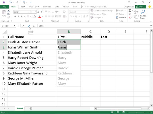 Data Table containing full names that need to be split up in separate columns using Flash Fill.