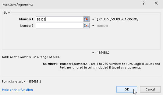 Specify the arguments to use in the selected function in the Function Arguments dialog box.