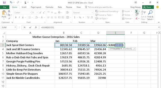 To total Jack Sprat Diet Centers first quarter sales for row 3, click the AutoSum button in cell E3