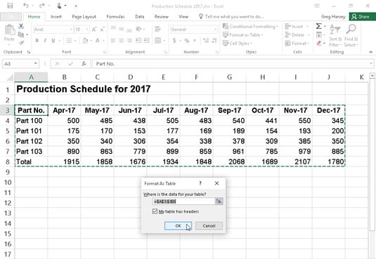 Selecting a format from the Table Styles gallery and indicating its range in the Format As Table di