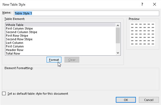 Use the options in the New Table Style dialog box to create a new custom table style to add to the 