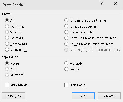 Use the options in the Paste Special dialog box to control what part of the copied cell selection t