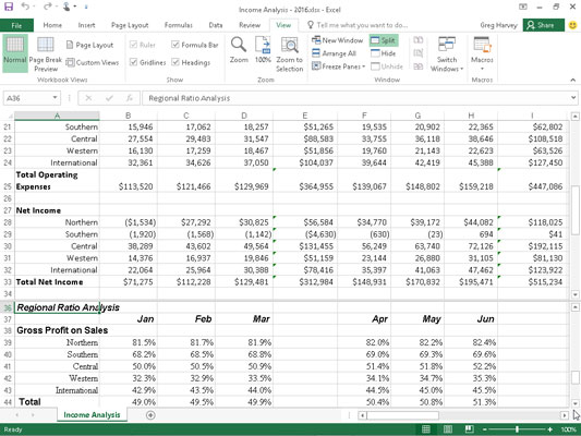 The Income Analysis spreadsheet in a split window after scrolling up the bottom rows in the lower p