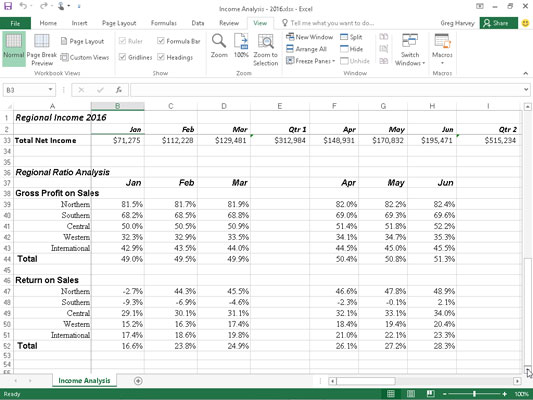 The Income Analysis worksheet after scrolling the rows up to display additional income and expense 