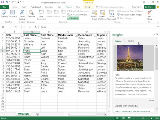 Researching Paris, France in the Insights task pane using the new Smart Lookup feature.
